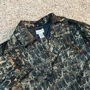 Chicos Sz 2 Abstract Black Gold Owl Print Blazer Jacket Belted Women's Size L